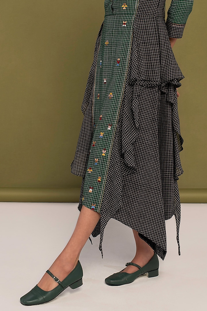 Green & Black Cotton Embroidered Checkered Ruffled Summer Shirt Dress by Priya Agarwal at Pernia's Pop Up Shop