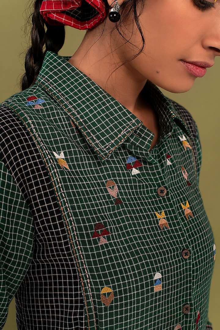 Green & Black Cotton Embroidered Checkered Ruffled Summer Shirt Dress by Priya Agarwal at Pernia's Pop Up Shop