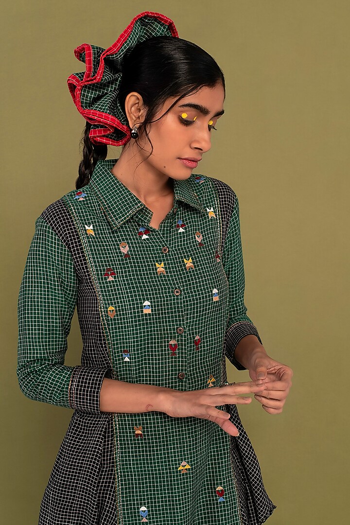 Green & Black Cotton Embroidered Checkered Ruffled Summer Shirt Dress by Priya Agarwal at Pernia's Pop Up Shop