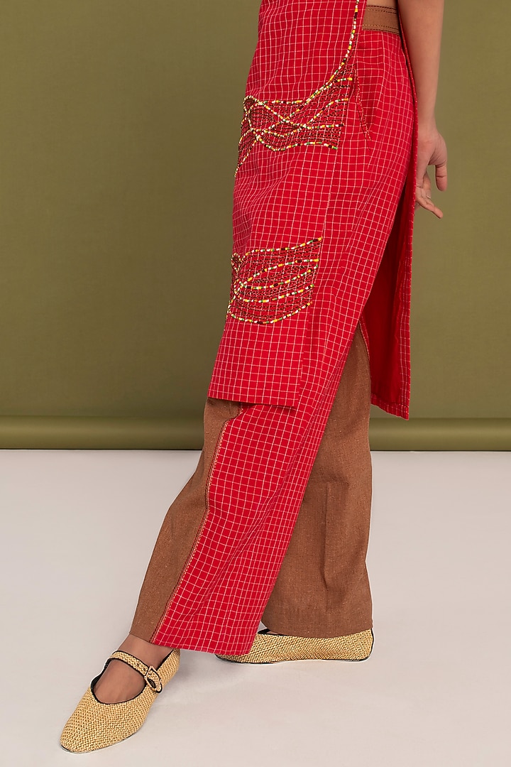 Red & Brown Muslin Cotton Thread Embroidered Checkered Co-Ord Set by Priya Agarwal at Pernia's Pop Up Shop