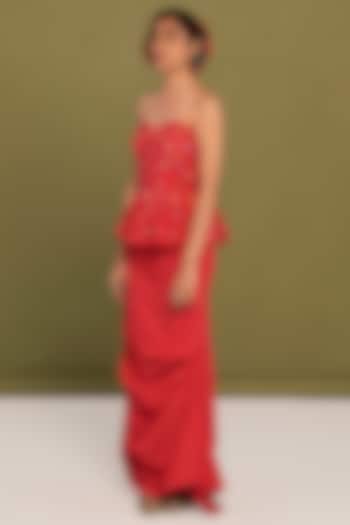 Red Muslin Cotton Embroidered Checkered Draped Skirt Set by Priya Agarwal at Pernia's Pop Up Shop