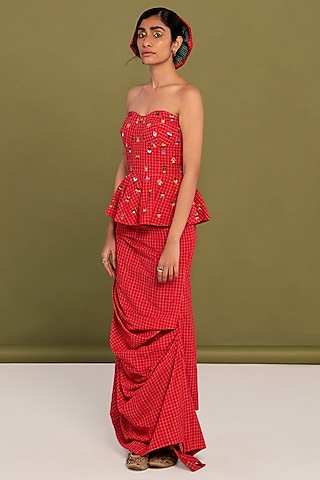 Red Muslin Cotton Embroidered Checkered Draped Skirt Set by Priya Agarwal