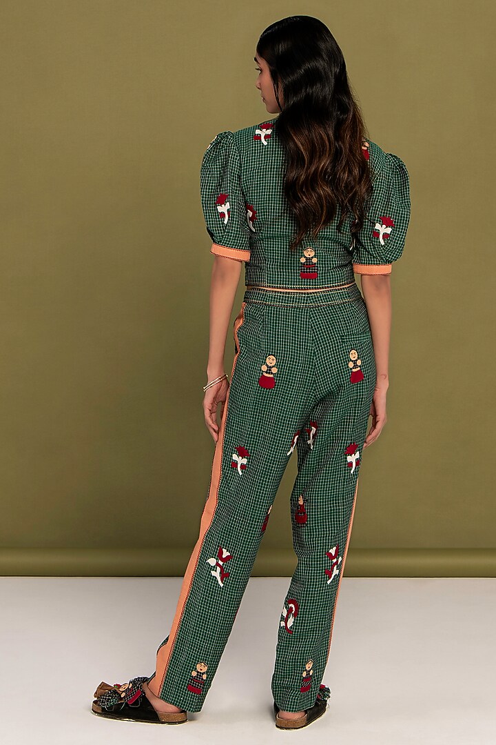 Green Muslin Cotton Floral Motifs Work Checkered Co-Ord Set by Priya Agarwal at Pernia's Pop Up Shop
