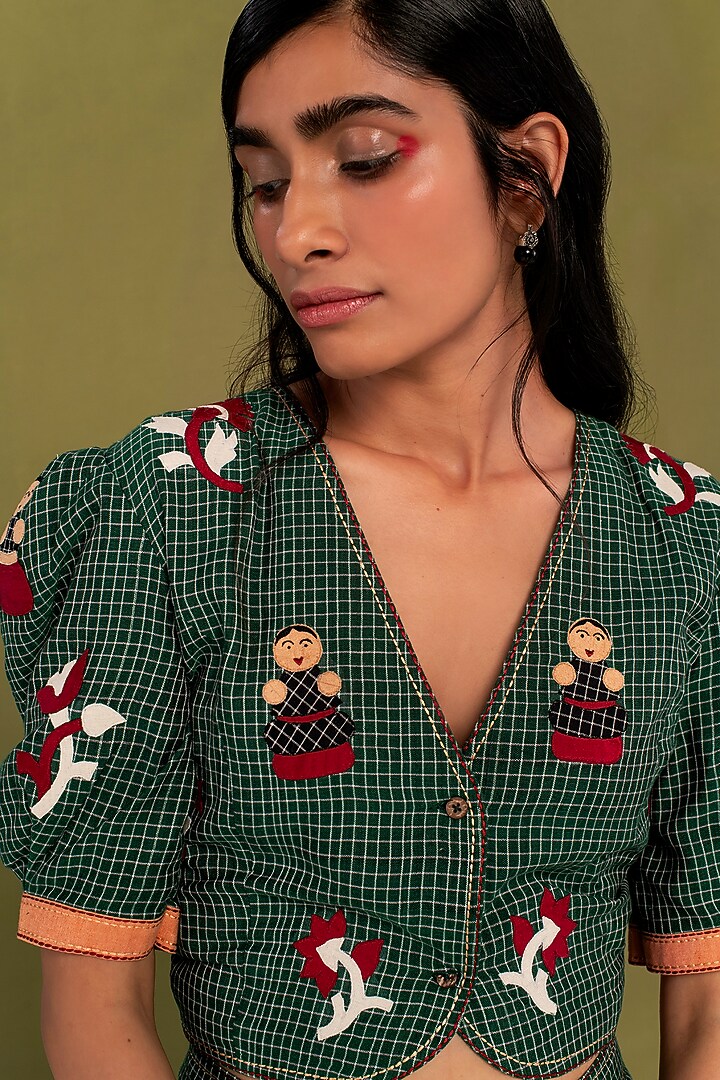 Green Muslin Cotton Floral Motifs Work Checkered Co-Ord Set by Priya Agarwal at Pernia's Pop Up Shop
