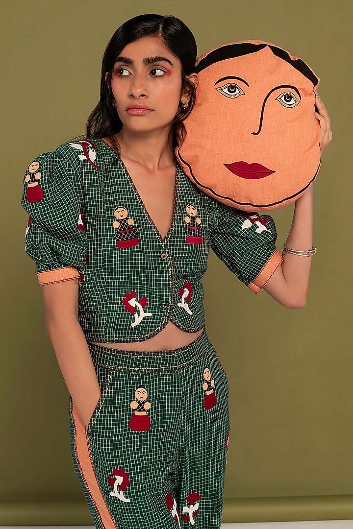 Green Muslin Cotton Floral Motifs Work Checkered Co-Ord Set by Priya Agarwal at Pernia's Pop Up Shop