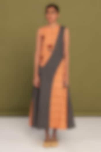 Peach & Black Muslin Cotton Checkered Flared Summer Dress by Priya Agarwal at Pernia's Pop Up Shop