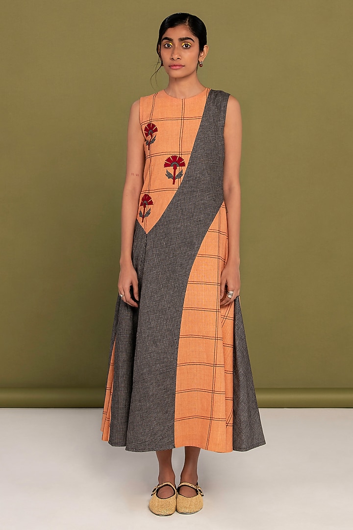 Peach & Black Muslin Cotton Checkered Flared Summer Dress by Priya Agarwal at Pernia's Pop Up Shop