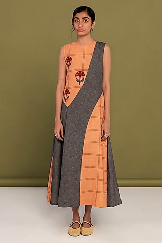 Peach & Black Muslin Cotton Checkered Flared Dress by Priya Agarwal