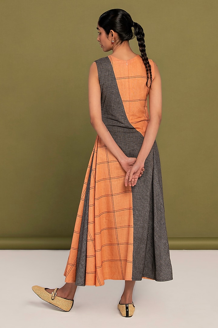 Peach & Black Muslin Cotton Checkered Flared Summer Dress by Priya Agarwal at Pernia's Pop Up Shop