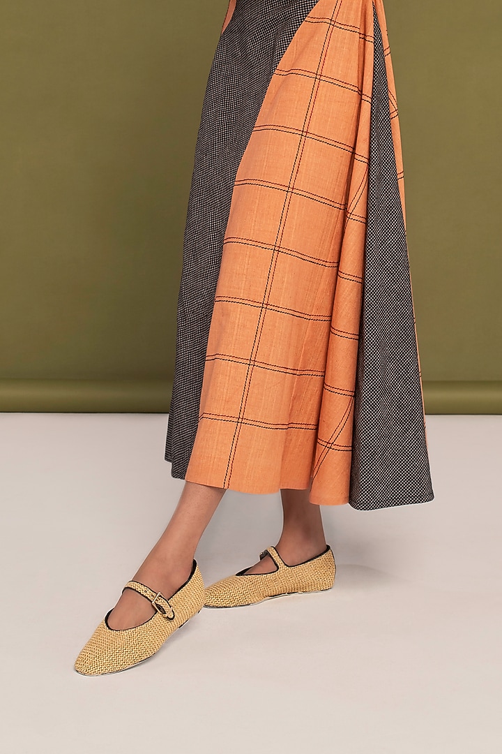 Peach & Black Muslin Cotton Checkered Flared Summer Dress by Priya Agarwal at Pernia's Pop Up Shop
