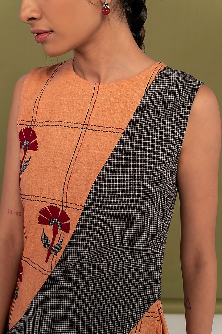 Peach & Black Muslin Cotton Checkered Flared Summer Dress by Priya Agarwal at Pernia's Pop Up Shop