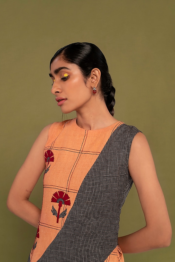 Peach & Black Muslin Cotton Checkered Flared Summer Dress by Priya Agarwal at Pernia's Pop Up Shop