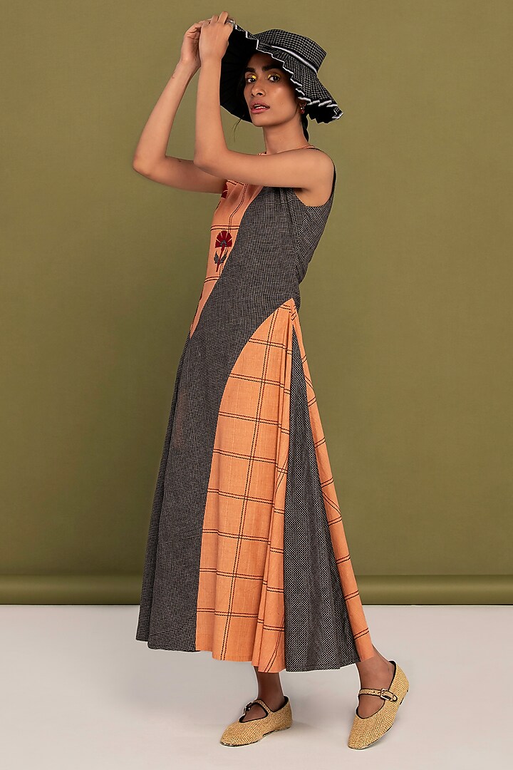 Peach & Black Muslin Cotton Checkered Flared Summer Dress by Priya Agarwal at Pernia's Pop Up Shop