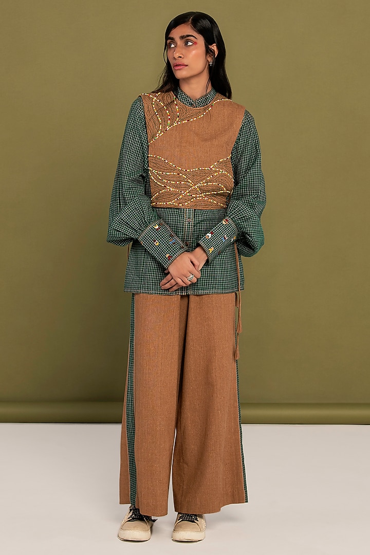 Green & Brown Muslin Cotton Hand Embroidered Checkered Co-Ord Set by Priya Agarwal at Pernia's Pop Up Shop