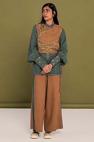 Green & Brown Muslin Cotton Hand Embroidered Checkered Co-Ord Set by Priya Agarwal