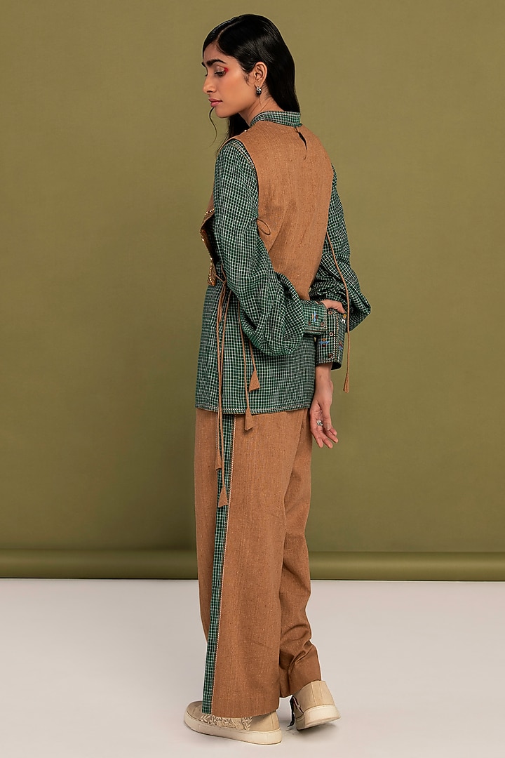Green & Brown Muslin Cotton Hand Embroidered Checkered Co-Ord Set by Priya Agarwal at Pernia's Pop Up Shop