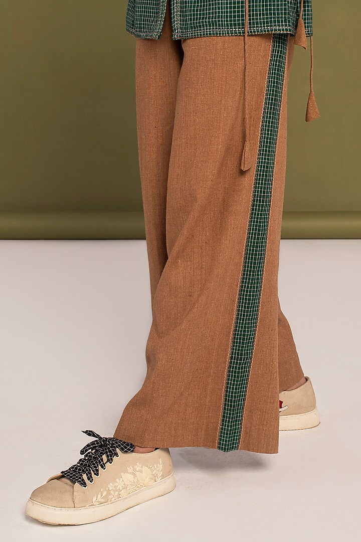 Green & Brown Muslin Cotton Hand Embroidered Checkered Co-Ord Set by Priya Agarwal at Pernia's Pop Up Shop