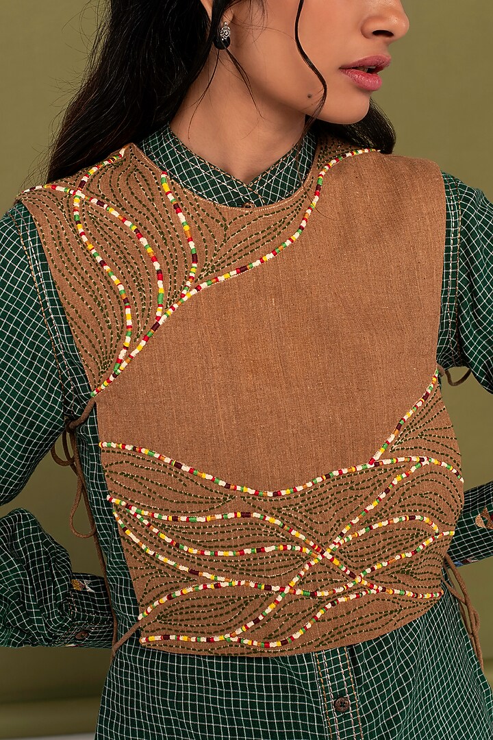 Green & Brown Muslin Cotton Hand Embroidered Checkered Co-Ord Set by Priya Agarwal at Pernia's Pop Up Shop