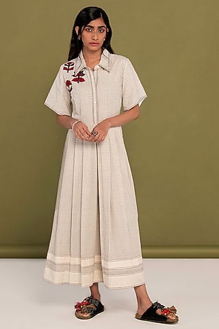 White Muslin Cotton Checkered Flared Dress by Priya Agarwal