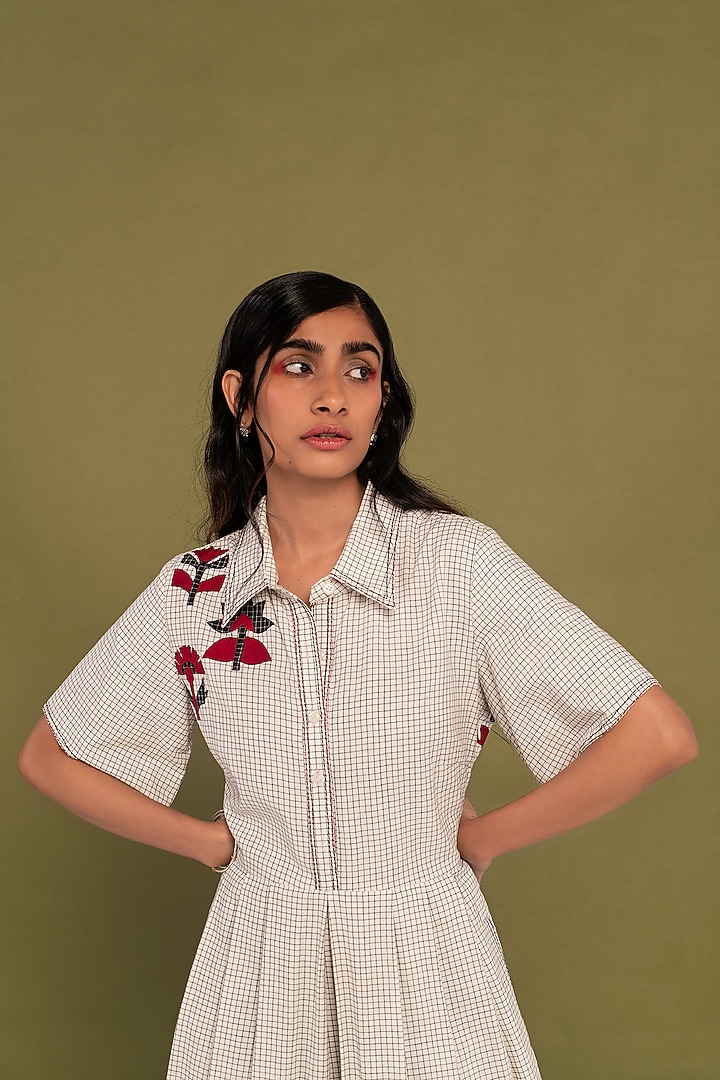White Muslin Cotton Checkered Flared Summer Dress by Priya Agarwal at Pernia's Pop Up Shop