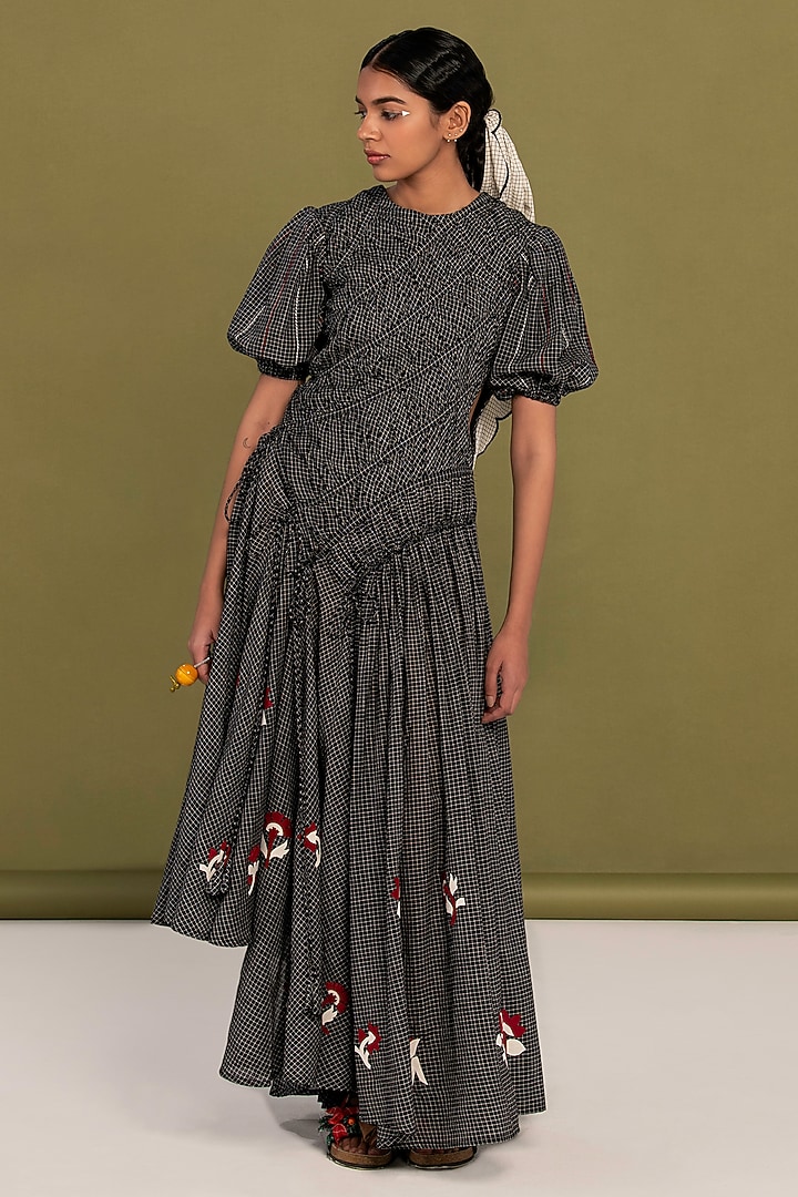 Black Cotton High-Low Checkered Flared Vacation Dress by Priya Agarwal at Pernia's Pop Up Shop