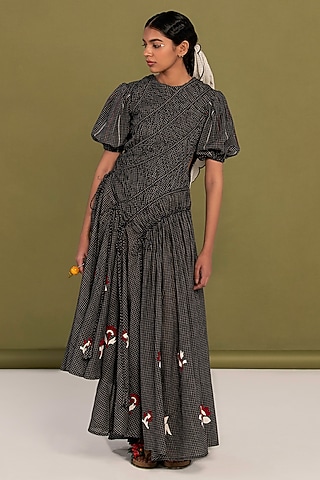 Black Cotton High-Low Checkered Flared Dress by Priya Agarwal