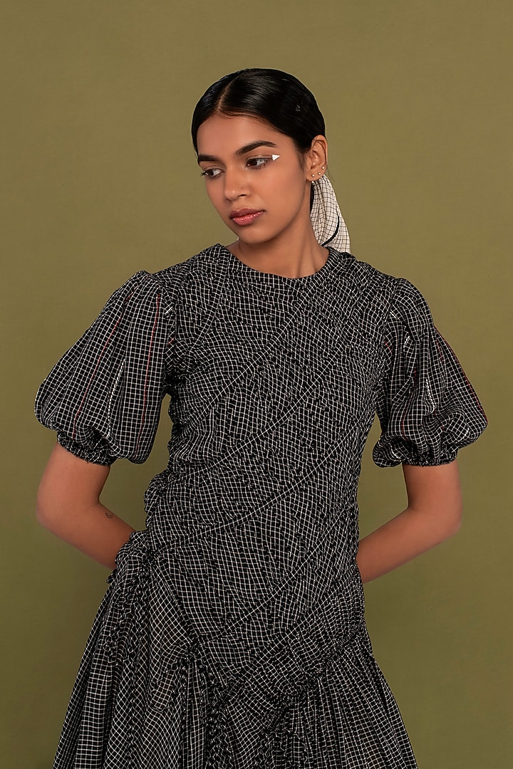 Black Cotton High-Low Checkered Flared Vacation Dress by Priya Agarwal at Pernia's Pop Up Shop