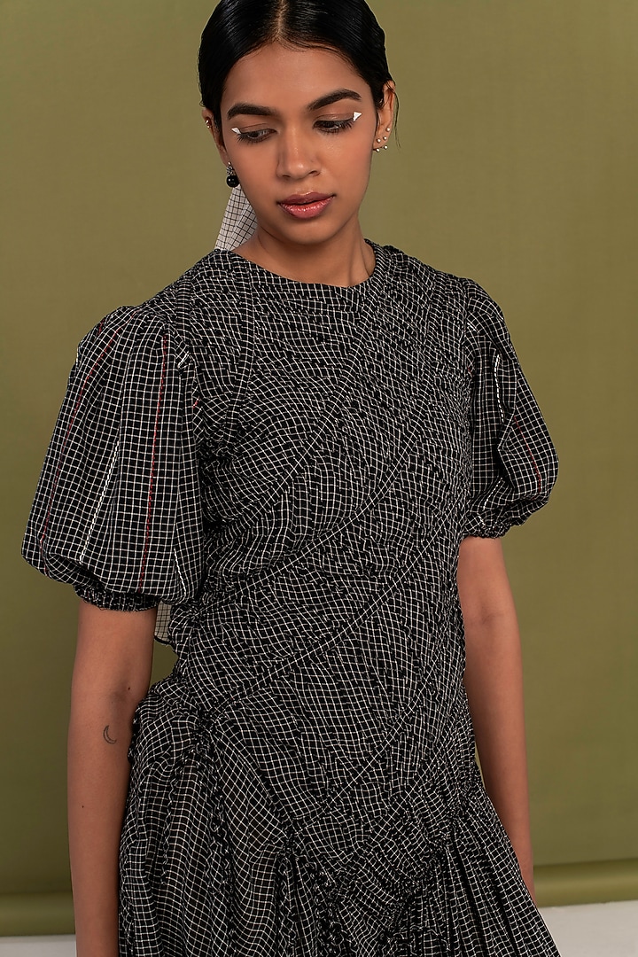 Black Cotton High-Low Checkered Flared Vacation Dress by Priya Agarwal at Pernia's Pop Up Shop