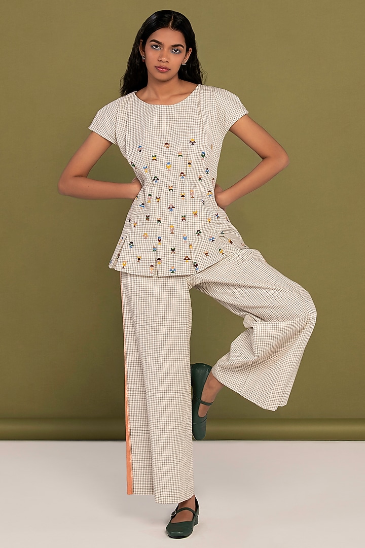 White Muslin Cotton Embroidered Checkered Co-Ord Set by Priya Agarwal at Pernia's Pop Up Shop