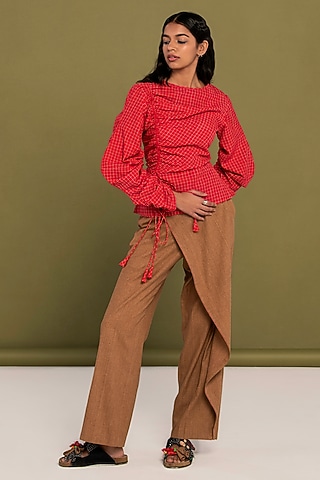 Red & Brown Muslin Cotton Checkered Co-Ord Set by Priya Agarwal