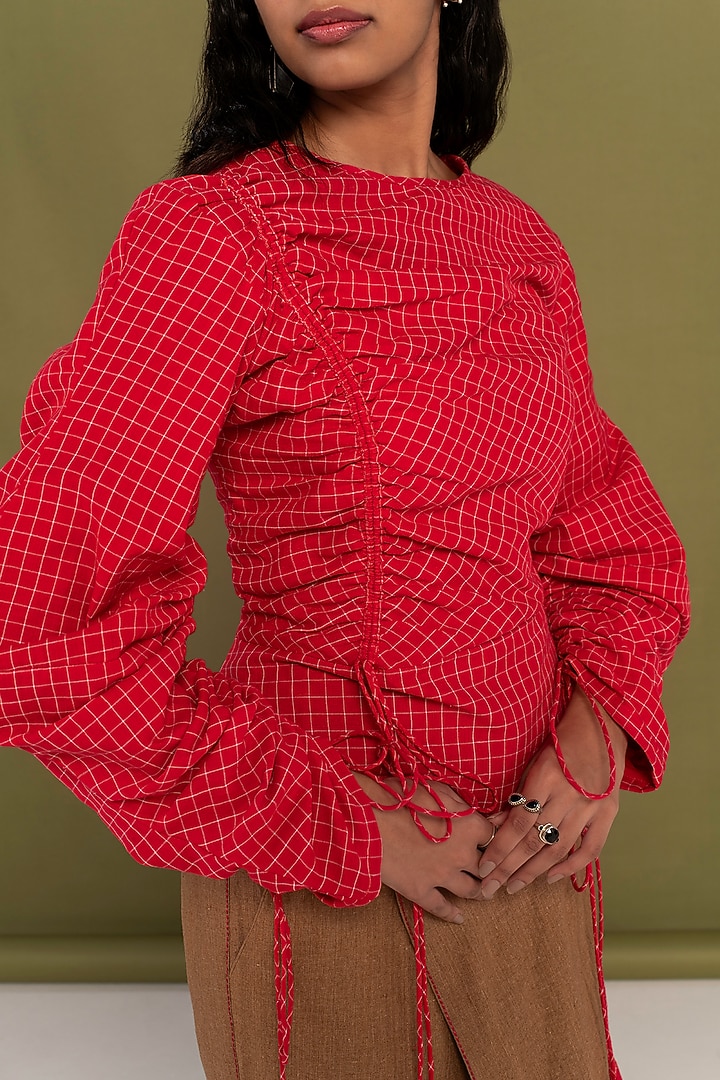 Red & Brown Muslin Cotton Checkered Co-Ord Set by Priya Agarwal at Pernia's Pop Up Shop