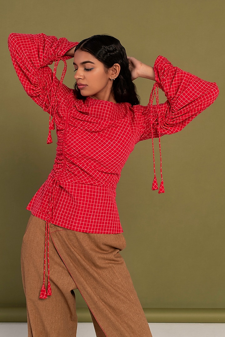 Red & Brown Muslin Cotton Checkered Co-Ord Set by Priya Agarwal at Pernia's Pop Up Shop