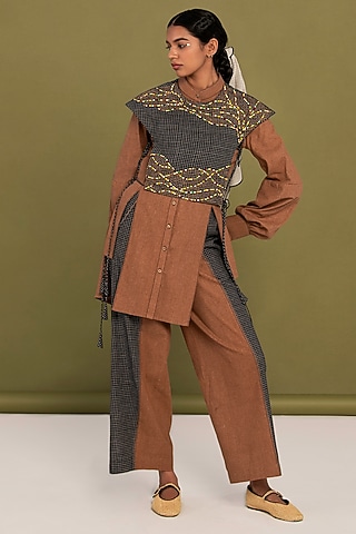 Brown & Black Muslin Cotton Checkered Co-Ord Set by Priya Agarwal