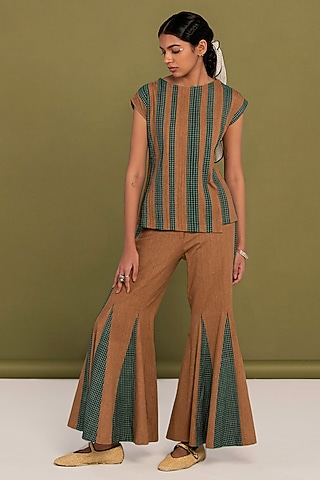 Green & Brown Muslin Cotton Checkered Co-Ord Set by Priya Agarwal