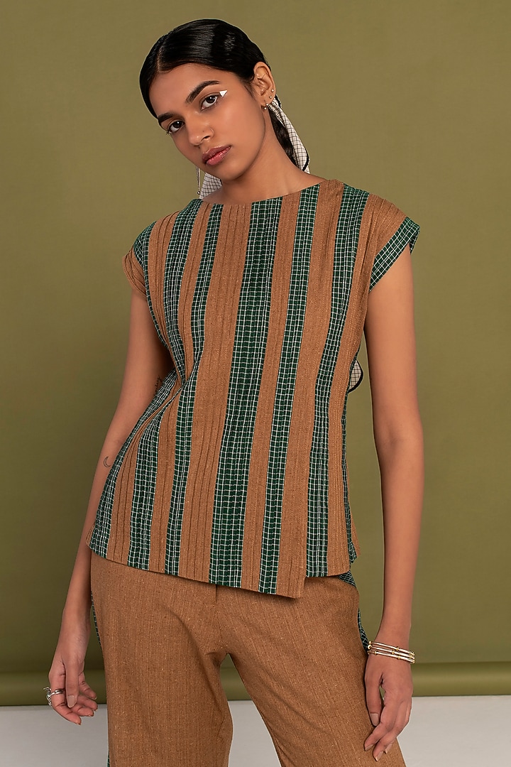 Green & Brown Muslin Cotton Checkered Co-Ord Set by Priya Agarwal at Pernia's Pop Up Shop