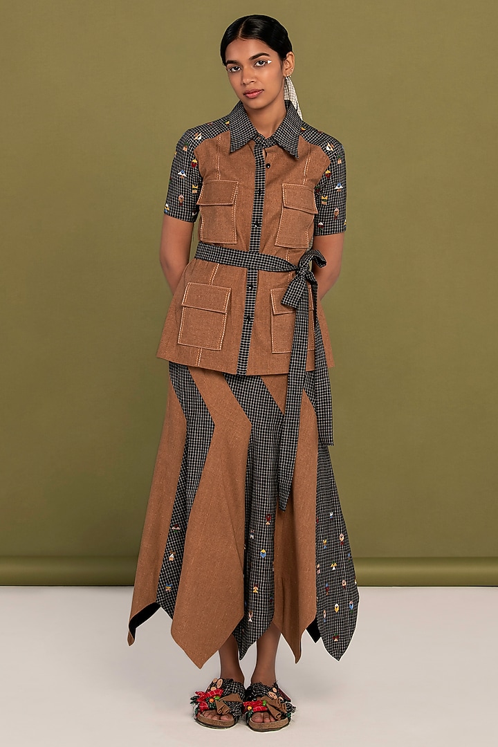 Black & Brown Muslin Cotton Embroidered Asymmetrical Checkered Skirt Set by Priya Agarwal at Pernia's Pop Up Shop