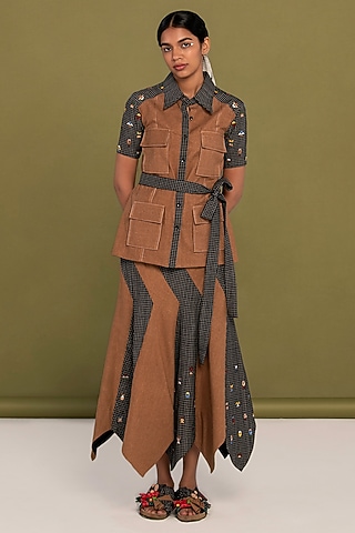 Black & Brown Muslin Cotton Embroidered Asymmetrical Checkered Skirt Set by Priya Agarwal