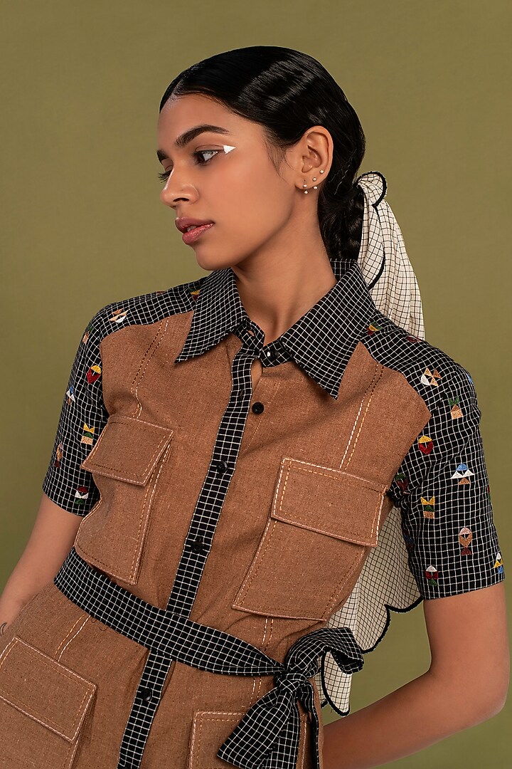 Black & Brown Muslin Cotton Embroidered Asymmetrical Checkered Skirt Set by Priya Agarwal at Pernia's Pop Up Shop