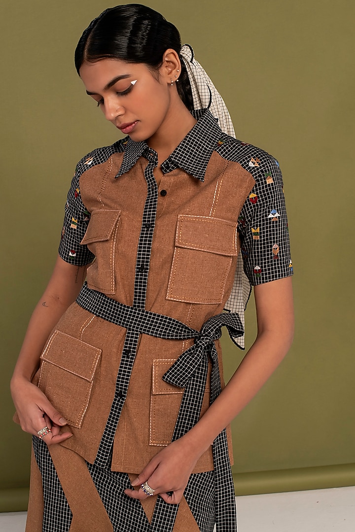 Black & Brown Muslin Cotton Embroidered Asymmetrical Checkered Skirt Set by Priya Agarwal at Pernia's Pop Up Shop