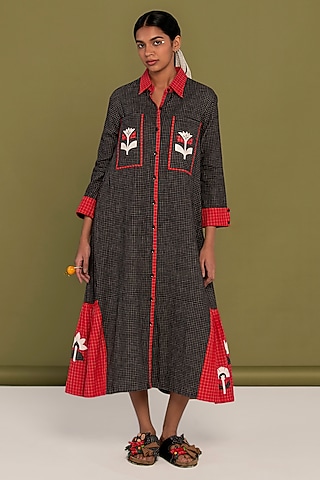 Black & Red Cotton Checkered Shirt Dress by Priya Agarwal