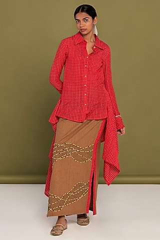 Brown Muslin Cotton Hand Embroidered Pencil Skirt Set by Priya Agarwal