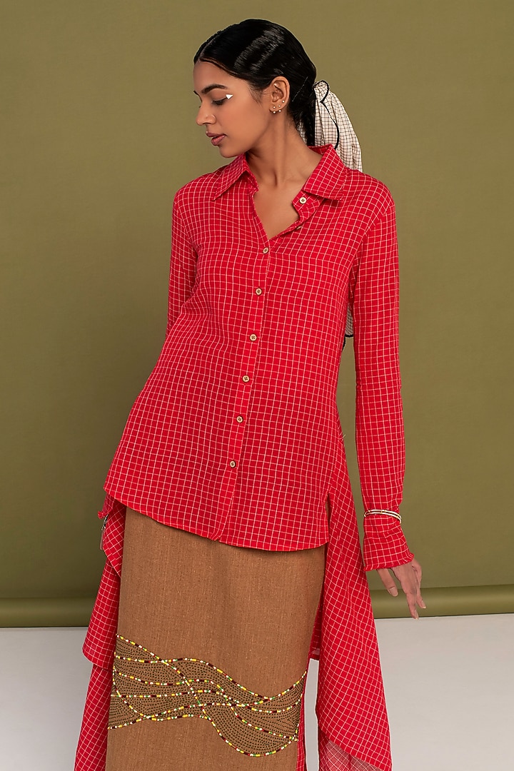Brown Muslin Cotton Hand Embroidered Pencil Skirt Set by Priya Agarwal at Pernia's Pop Up Shop
