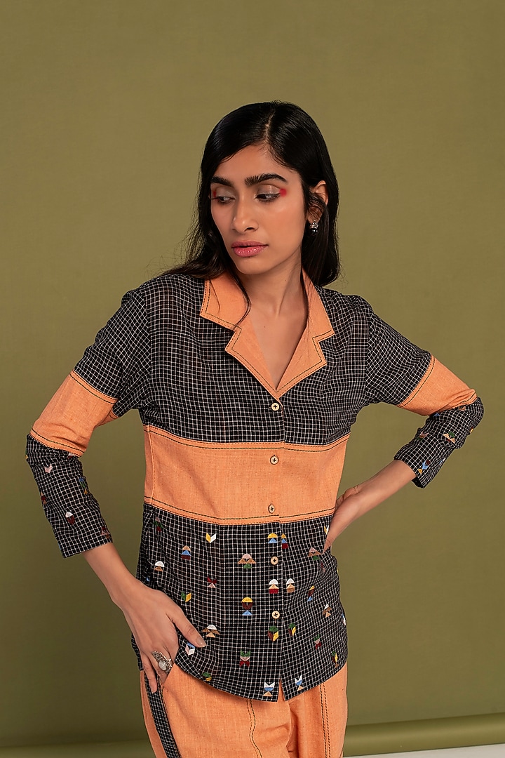 Black & Peach Muslin Cotton Hand Embroidered Checkered Co-Ord Set by Priya Agarwal at Pernia's Pop Up Shop