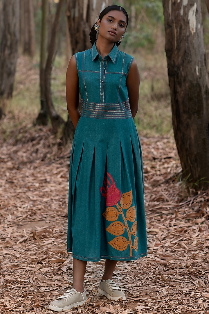 Ink Blue Muslin Cotton Flared Vacation Dress by Priya Agarwal at Pernia's Pop Up Shop