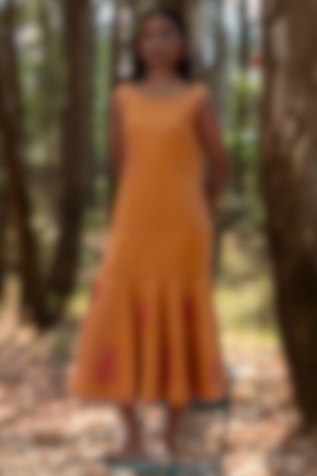 Mustard Muslin Cotton Flared Vacation Dress by Priya Agarwal at Pernia's Pop Up Shop