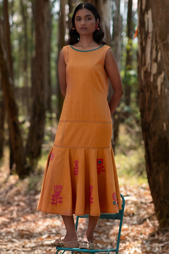 Mustard Muslin Cotton Flared Vacation Dress by Priya Agarwal at Pernia's Pop Up Shop