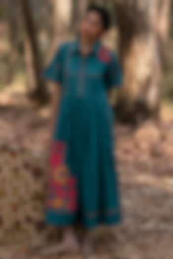 Ink Blue Muslin Cotton Box Pleated Vacation Dress by Priya Agarwal at Pernia's Pop Up Shop