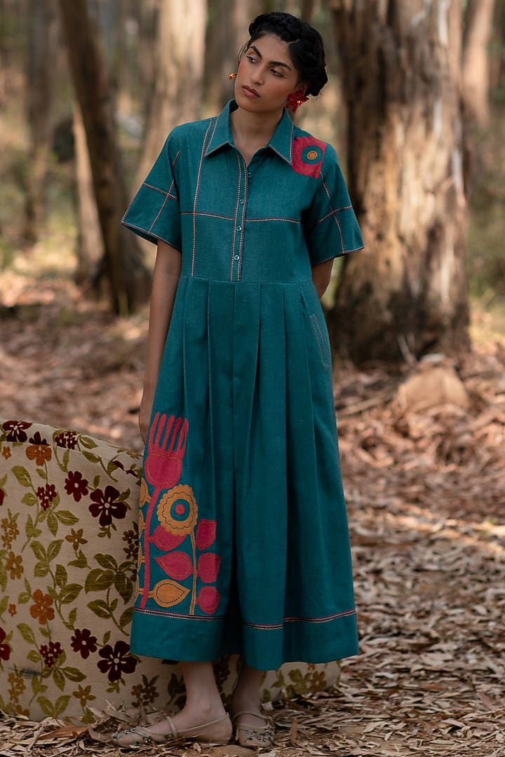 Ink Blue Muslin Cotton Box Pleated Vacation Dress by Priya Agarwal at Pernia's Pop Up Shop