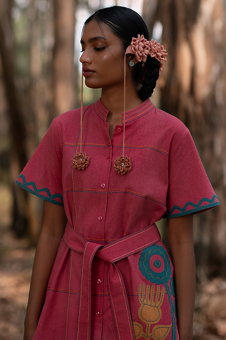 Warm Red Muslin Cotton Tie-Up Short Jacket With Belt by Priya Agarwal at Pernia's Pop Up Shop