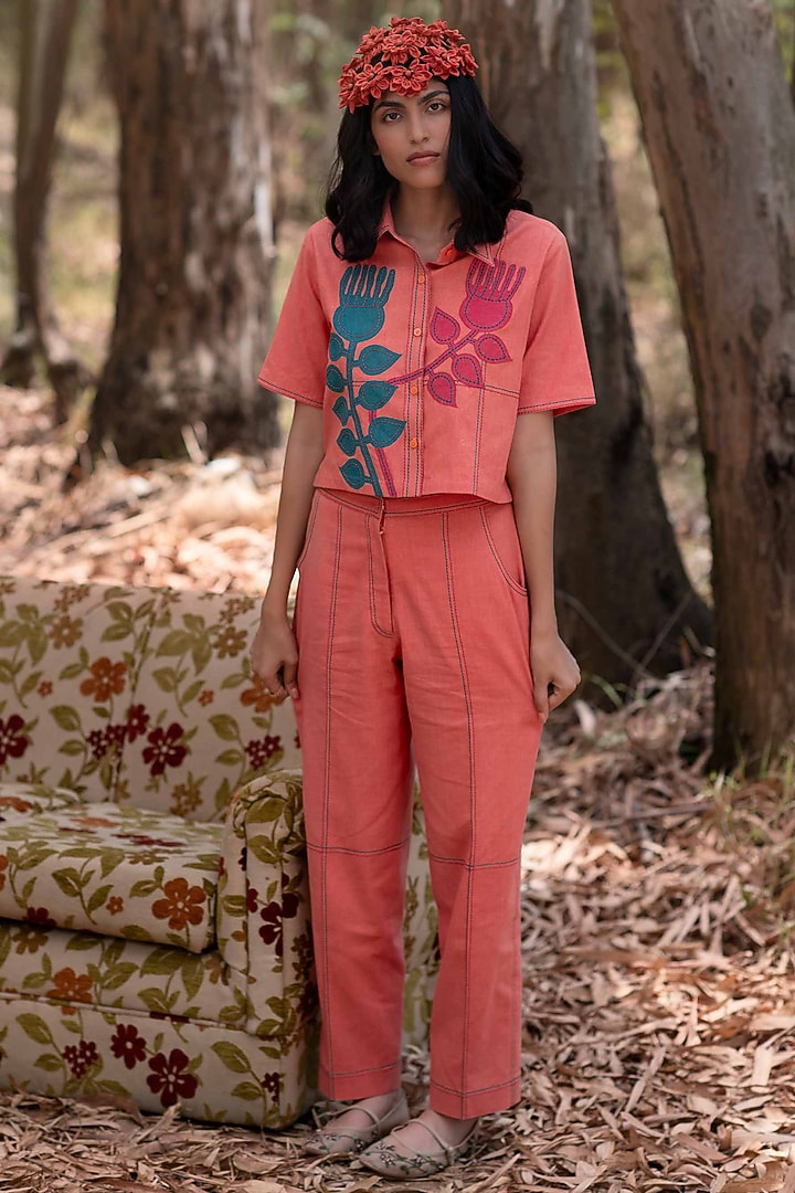 Pink Muslin Cotton Embroidered Co-Ord Set by Priya Agarwal at Pernia's Pop Up Shop